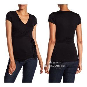 Bailey 44 Mock Wrap Top Belted Black S Small Short Sleeve Tied